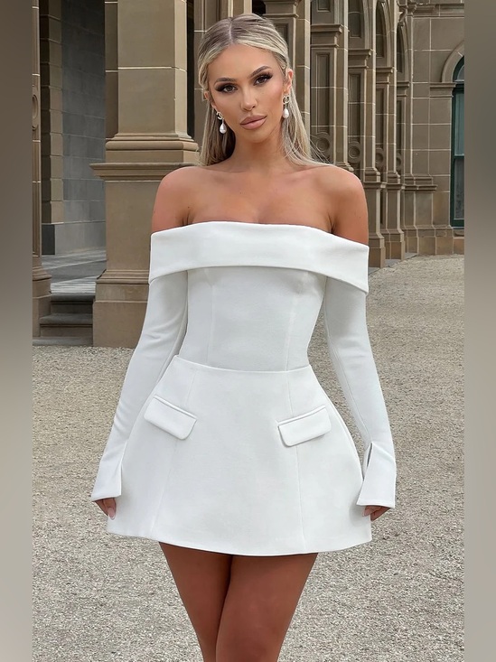Dresses & Skirts - White Off Shoulder tailored Long Sleeve Mini Dress bridal coquette grad Dress S